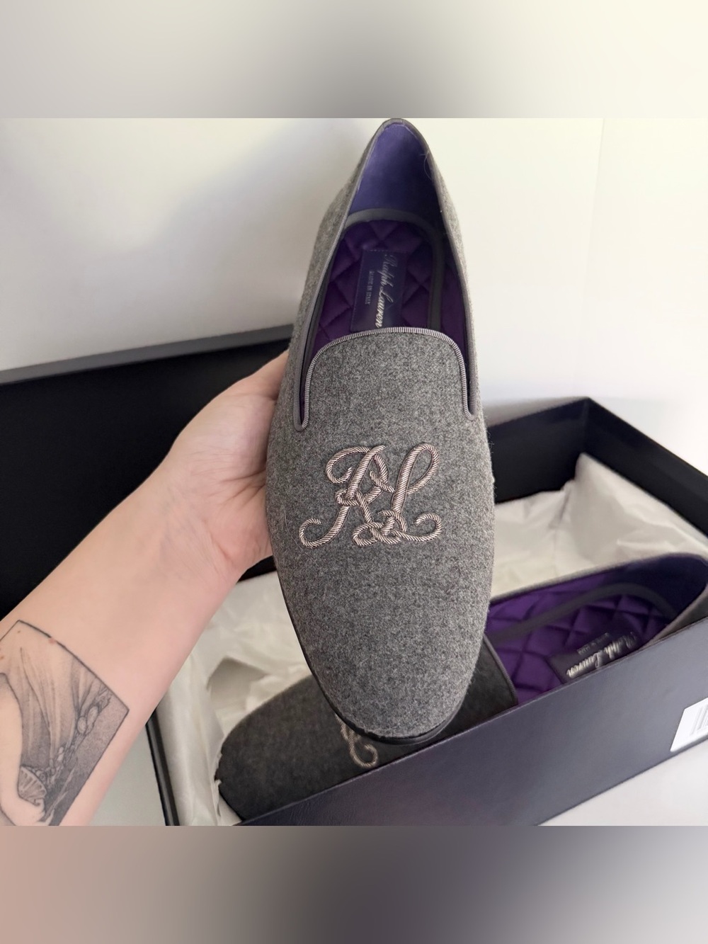 Ralph Lauren Purple Label Alonzo Plaid Wool Tweed Slipper in Grey NIB NWT - Picture 4 of 13